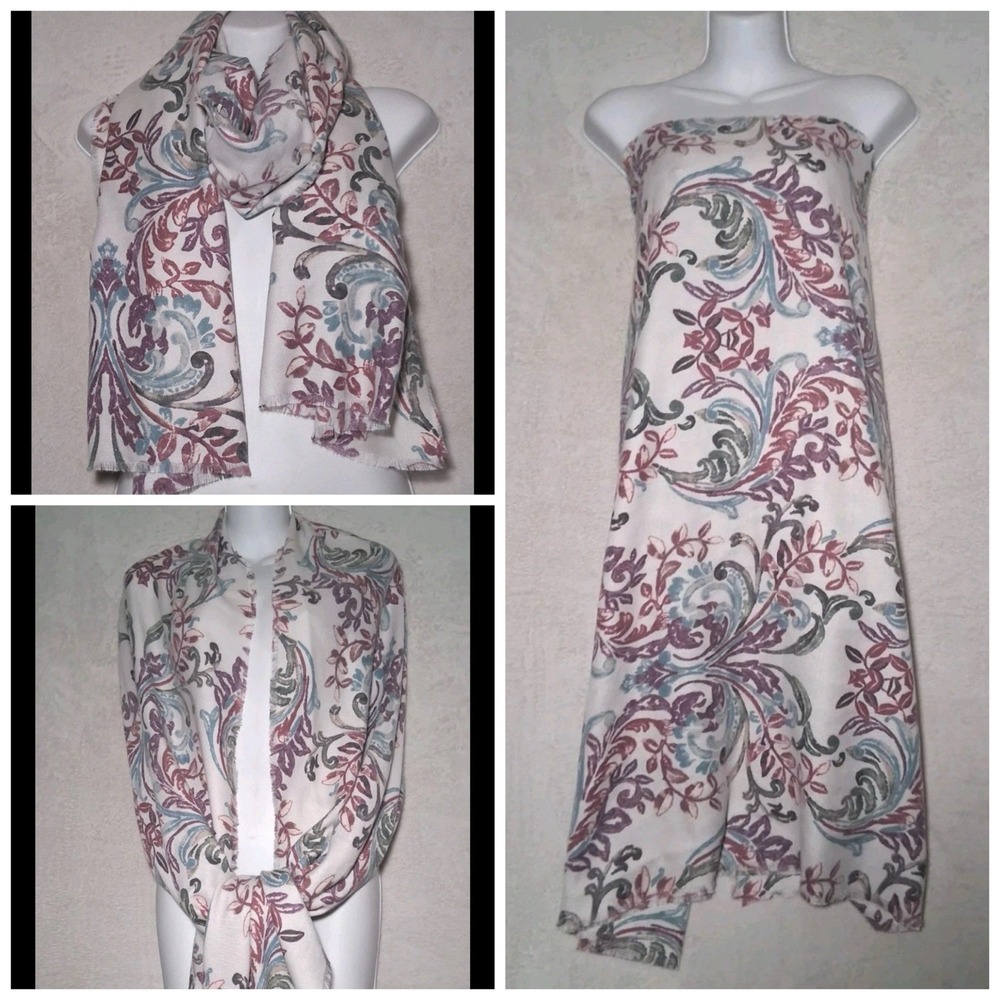 Chico's Scarf Bohemian Inspired Scroll Pattern Cream Dusty Teal Purple Raw Hem
